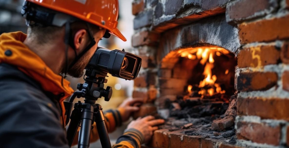Chimney inspector examining flue with video camera